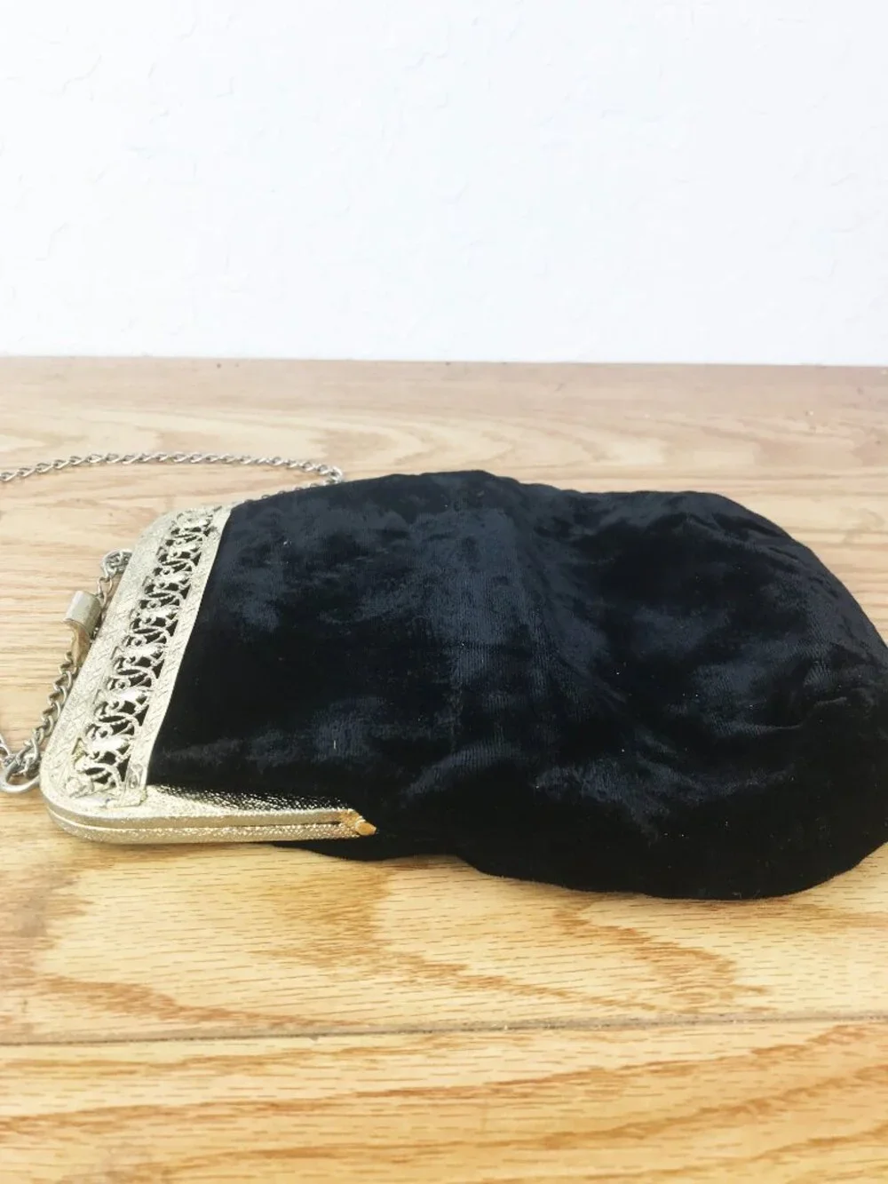 Vintage Black Velvet Evening Bag – Gold Filigree Frame & Silver Chain Strap